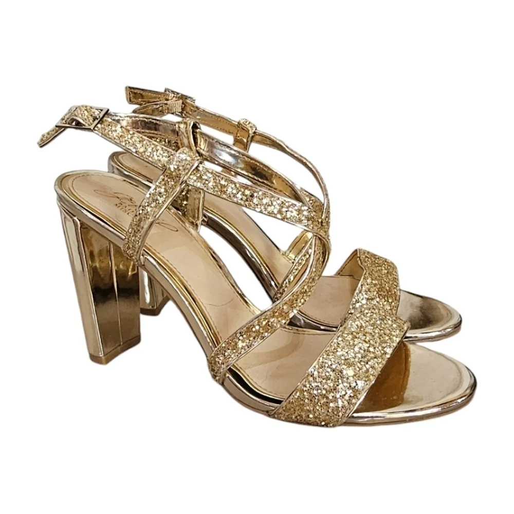 Badgley Mischka Jewel Heels Sz 8 Gold Glitter Sparkle New Years Cocktail Strappy